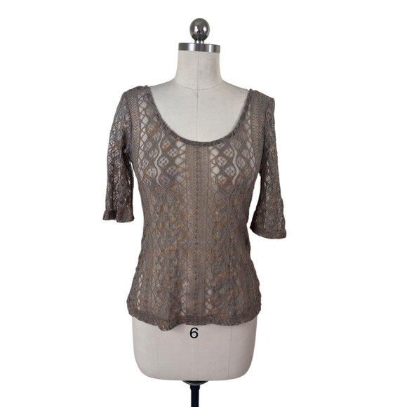 HIP Happening in the Present Top Medium Brown Gold Metallic Lace Whimsigoth Boho - Picture 1 of 9